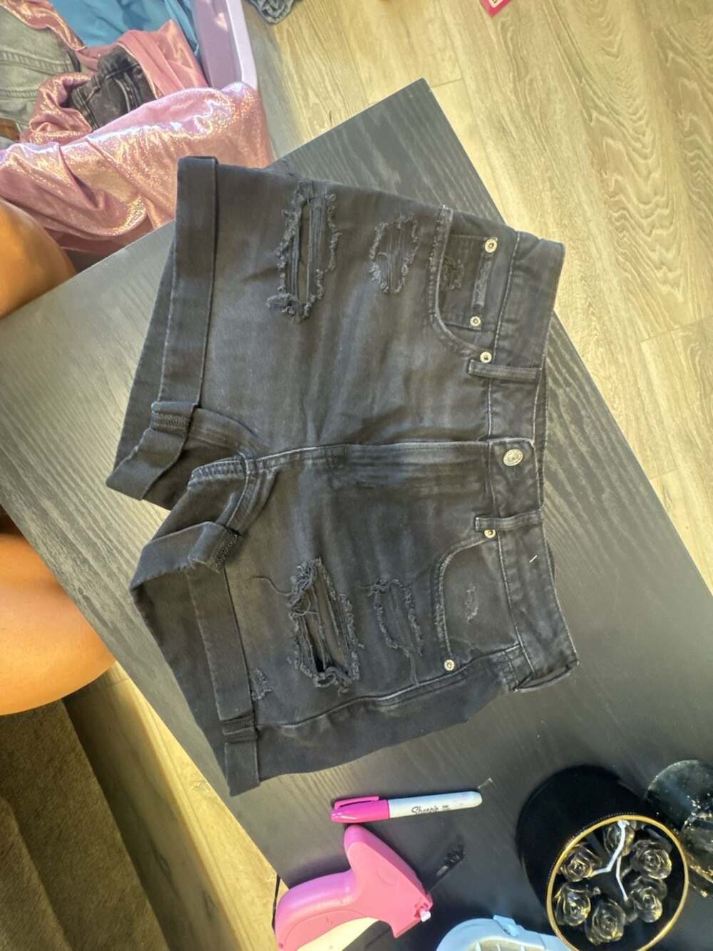 American Eagle Denim Shorts Size 2 Black Distressed Rolled Cuff